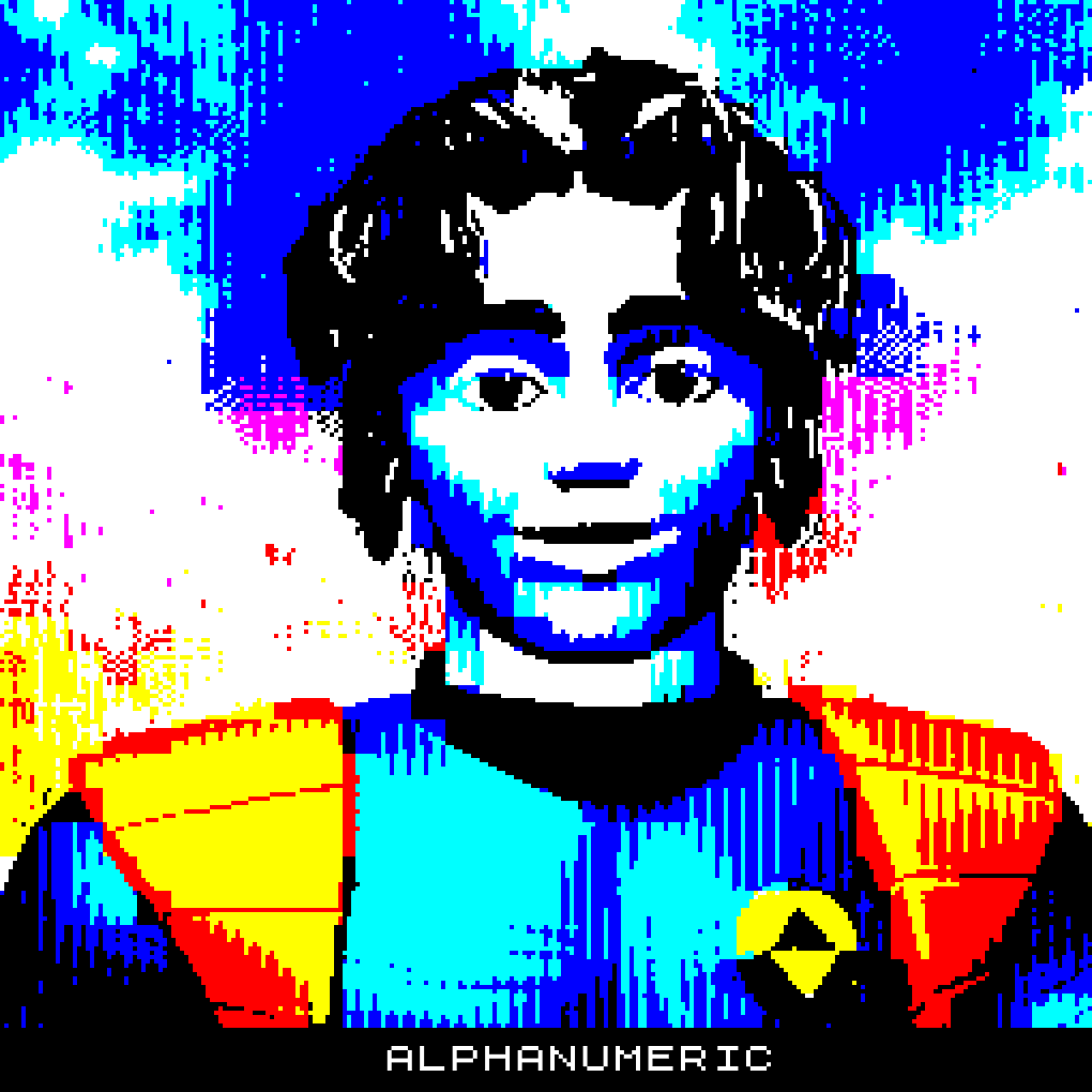 Bob from ReBoot converted to a ZX Spectrum color palette and saying "Alphanumeric"